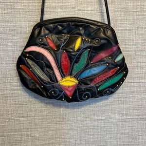 Vintage boho style leather stitched feather purse
